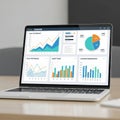 Laptop displaying financial business analytics dashboard with charts and graphs Royalty Free Stock Photo