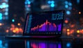 Laptop displaying financial stock market chart with glowing analytics. Royalty Free Stock Photo
