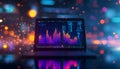 Laptop displaying financial stock market chart with glowing analytics. Royalty Free Stock Photo