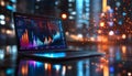 Laptop displaying financial stock market chart with glowing analytics. Royalty Free Stock Photo