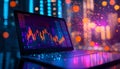 Laptop displaying financial stock market chart with glowing analytics. Royalty Free Stock Photo
