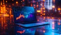 Laptop displaying financial stock market chart with glowing analytics. Royalty Free Stock Photo