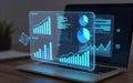 Laptop displaying futuristic data analytics dashboard with graphs Royalty Free Stock Photo