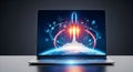 Laptop displaying futuristic space launch and digital network visualization Royalty Free Stock Photo