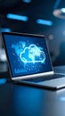 Laptop displaying global cloud network with data charts in dark modern office Royalty Free Stock Photo