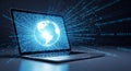 Laptop Displaying Global Network with Binary Code Streams computer technology Royalty Free Stock Photo