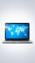 Laptop displaying a global network map symbolizing digital connectivity and worldwide communication on a clean white Royalty Free Stock Photo