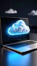 Laptop displaying a glowing cloud computing concept, digital data, and technology. Royalty Free Stock Photo