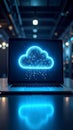 Laptop displaying glowing cloud computing graphic, data transfer, technology concept. Royalty Free Stock Photo