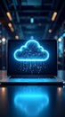 Laptop displaying a glowing cloud icon, symbolizing cloud computing and data storage. Royalty Free Stock Photo
