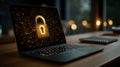 Laptop displaying glowing digital padlock for security Royalty Free Stock Photo