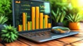 Laptop displaying a glowing multicolored bar chart in a tropical inspired setting, symbolizing cloud based business analytics a