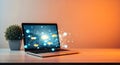 Laptop displaying a glowing network of connected points representing data, internet, or global communication on a desk Royalty Free Stock Photo
