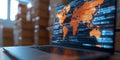laptop displaying glowing world map with data streams in warehouse setting