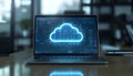 The Laptop Displaying a Holographic Cloud Computing Interface in a Modern Workspace Royalty Free Stock Photo