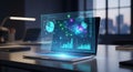 Laptop Displaying Holographic Data Interface Business Analytics Technology Visualization Futuristic Office Environment Digital Royalty Free Stock Photo