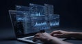 Laptop with floating data visualizations, user interface elements, and analytics, dark theme Royalty Free Stock Photo