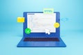 Laptop displaying HTML code interface with floating web development icons on blue gradient background, symbolizing software and Royalty Free Stock Photo