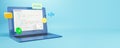 Laptop displaying HTML and JavaScript code with development icons floating on light blue background representing software and Royalty Free Stock Photo
