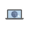 Laptop displaying internet web browser with mouse cursor clicking globe icon Royalty Free Stock Photo