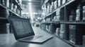 Laptop displaying inventory management system in warehouse Royalty Free Stock Photo