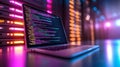 Laptop displaying programming code surrounded by glowing lights Royalty Free Stock Photo