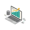 Laptop displaying rising bar chart with cloud data storage and server connection for business technology growth analysis vector Royalty Free Stock Photo