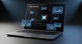 Laptop displaying risk analysis graph with futuristic data visualization interfaces Royalty Free Stock Photo