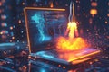 Laptop displaying rocket launch Royalty Free Stock Photo