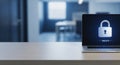 Laptop displaying secure lock icon on desk in office Royalty Free Stock Photo