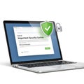 Laptop displaying security software interface with shield and lock icons emphasizing digital protection Royalty Free Stock Photo