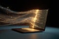 Laptop displaying source code creates a visual representation of data flow and technology interaction in a dark setting Royalty Free Stock Photo