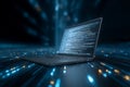 Laptop displaying source code in a dynamic digital environment with glowing lines in the background Royalty Free Stock Photo