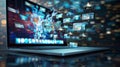 Laptop displaying streaming internet content with binary code on blurred background Royalty Free Stock Photo