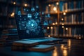 Laptop Displaying Tech Icons with Books in Library Ambience, Data Overlay Visuals Royalty Free Stock Photo
