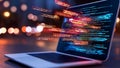 laptop displaying vibrant digital code streams symbolizing technology and innovation colorful data flows create dynamic Royalty Free Stock Photo