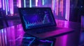 A laptop displaying vibrant stock market analytics with colorful bar and line charts on a futuristic desk