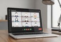 Laptop displaying a video conferencing interface with nine participants, represented by simplistic Royalty Free Stock Photo