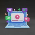 Laptop Displaying Video Player with Social Media Icons and Hashtags Floating Around computer Royalty Free Stock Photo