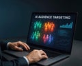 Laptop displaying AI audience targeting with segmented groups and charts on screen artificial intelligence Royalty Free Stock Photo