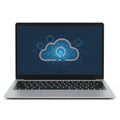 A laptop displays a blue screen with a cloud icon in the center, symbolizing cloud Royalty Free Stock Photo