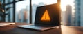 The laptop displays a caution alert in a sunlit modern workspace..AI generated image Royalty Free Stock Photo