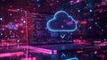 Futuristic Cloud Computing on Laptop Screen with Coding, Data Streams, Cybersecurity and Glowing Network Royalty Free Stock Photo