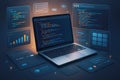 Laptop displaying code and data analytics with surrounding digital interfaces computer coding Royalty Free Stock Photo