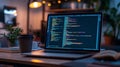 Coding session at night with laptop, coffee, and cozy ambiance in the background. Generative AI Royalty Free Stock Photo