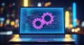 Digital technology concept with futuristic gear icons and coding interface on laptop screen in dark setting Royalty Free Stock Photo