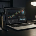 A laptop displays a financial trading platform with various graphs and charts, including a Royalty Free Stock Photo