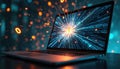 Laptop displays glowing abstract lines of code on screen. Orange light particles, sparks erupt from central point. Digital data Royalty Free Stock Photo