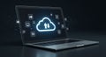 A laptop displays a glowing cloud icon with upward and downward arrows,