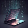 Laptop with Digital Code and Binary Rain on Dark Background computer technology Royalty Free Stock Photo